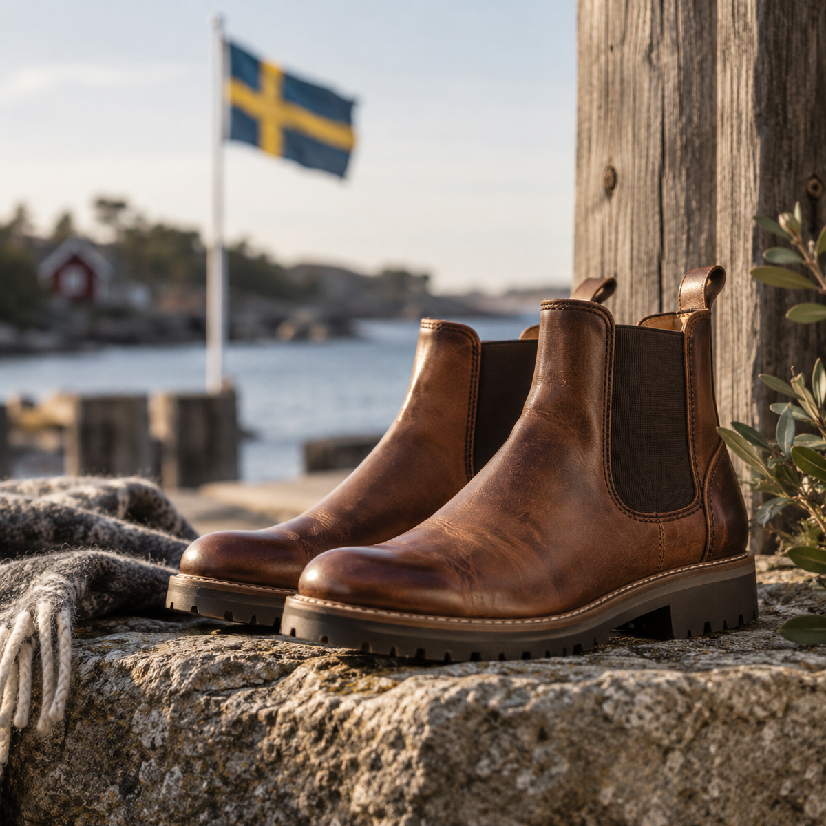 Ten Points Lederboots vor schwedischer Küstenlandschaft mit Schwedenflagge