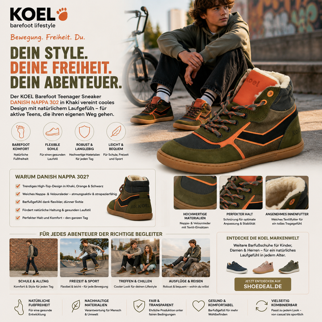 KOEL Barefoot Teenager Sneaker DANISH NAPPA 302 Khaki für aktive Jugendliche mit natürlichem Laufgefühl – shoedealo.shop