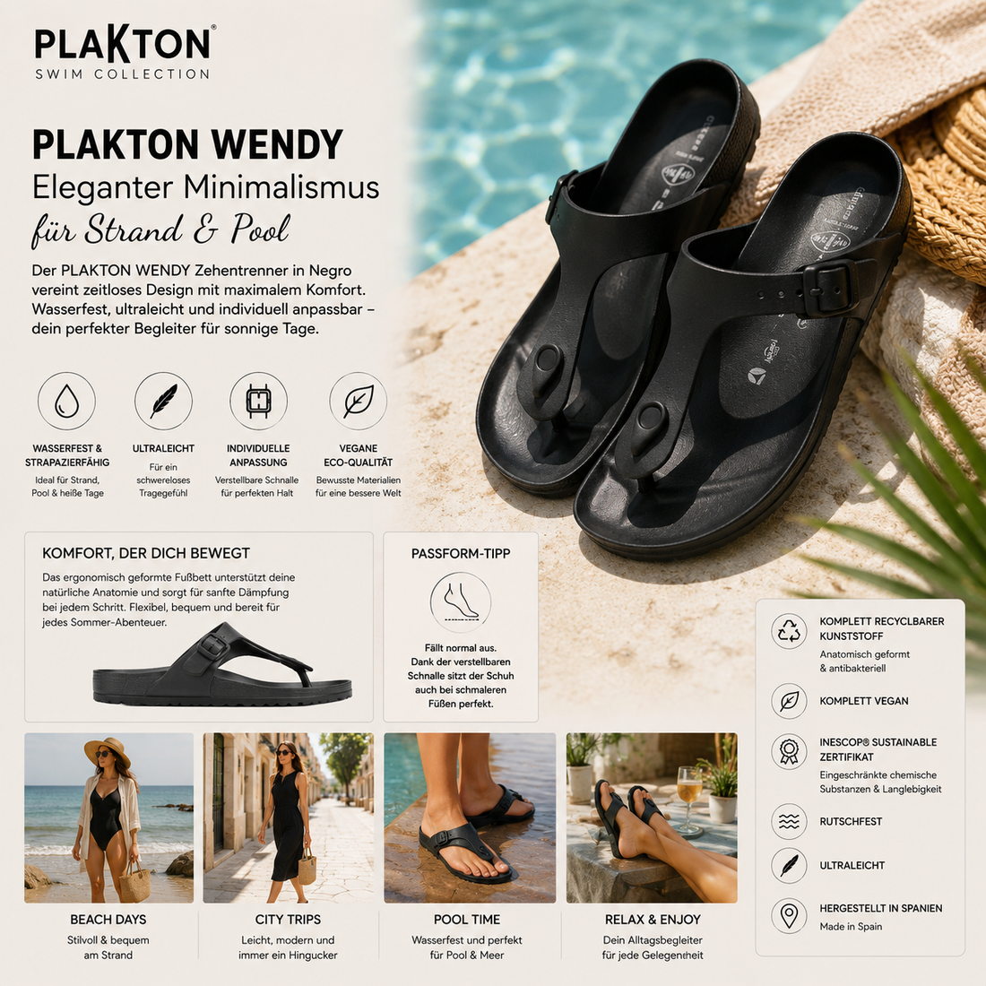 PLAKTON WENDY Zehentrenner in Schwarz – wasserfest, ultraleicht und perfekt für Strand & Pool – shoedealo.shop