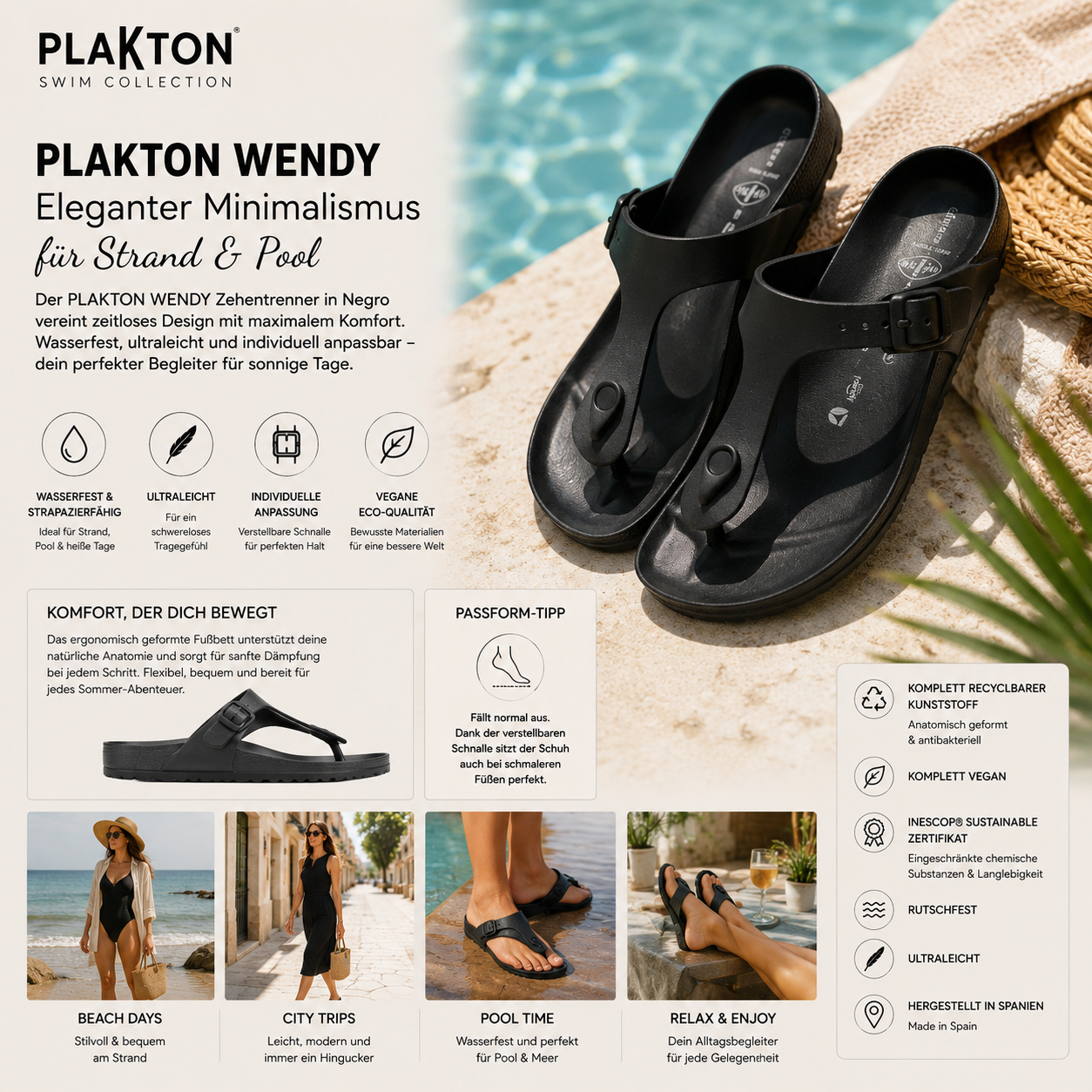 PLAKTON WENDY Zehentrenner in Schwarz – wasserfest, ultraleicht und perfekt für Strand & Pool – shoedealo.shop