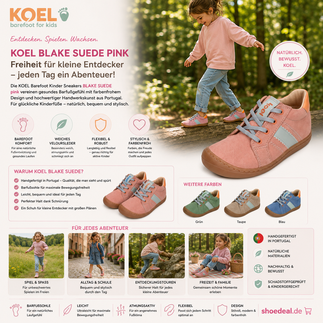 Kind trägt rosa KOEL Barefoot BLAKE SUEDE Sneaker beim Spielen im Wald, ergänzt durch Produktansicht und Farbvarianten.