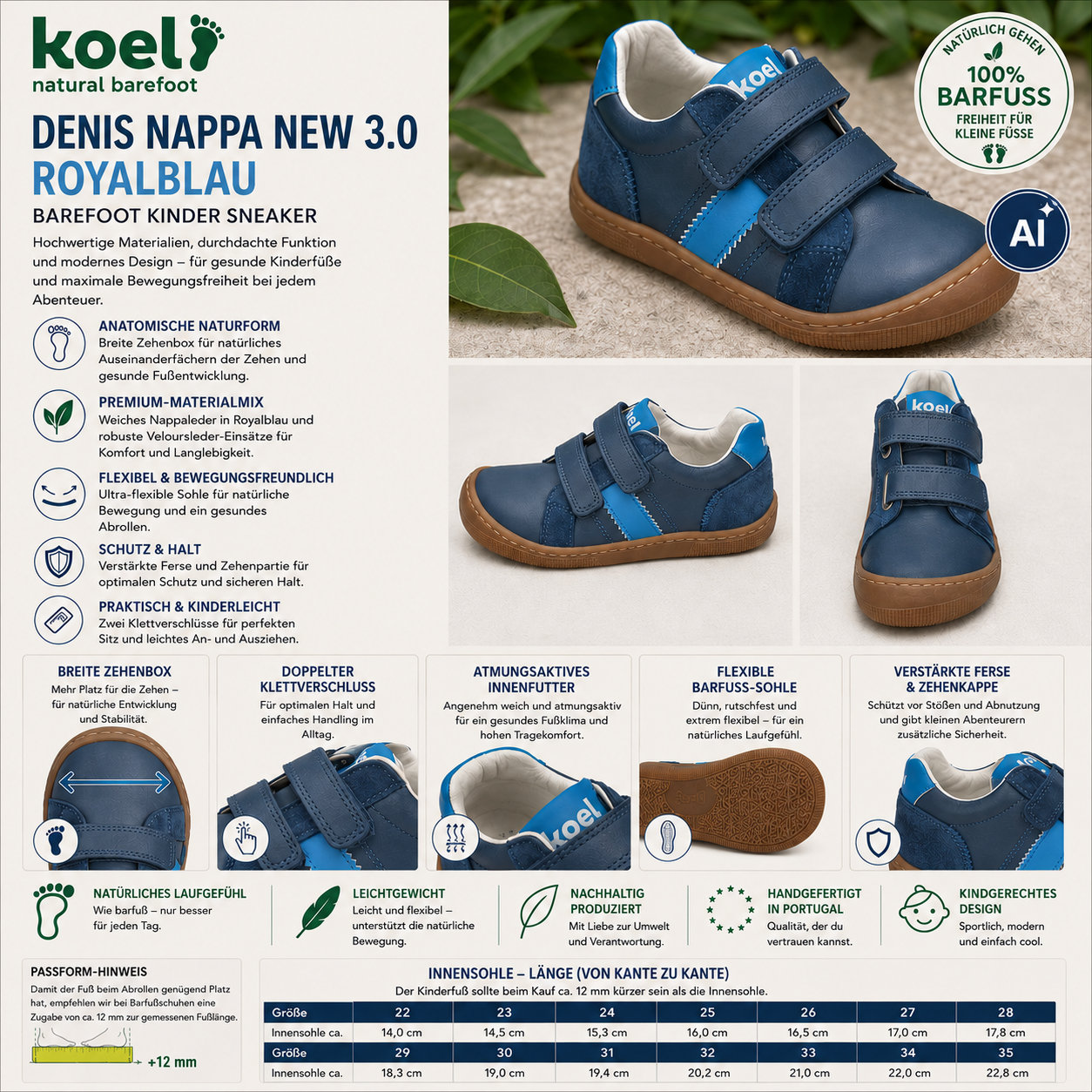 KOEL DENIS NAPPA NEW 3.0 Royalblau Barfuß-Sneaker für Kinder – Infografik mit breiter Zehenbox, flexibler Sohle, Klettverschluss, Größenübersicht und Produktdetails.