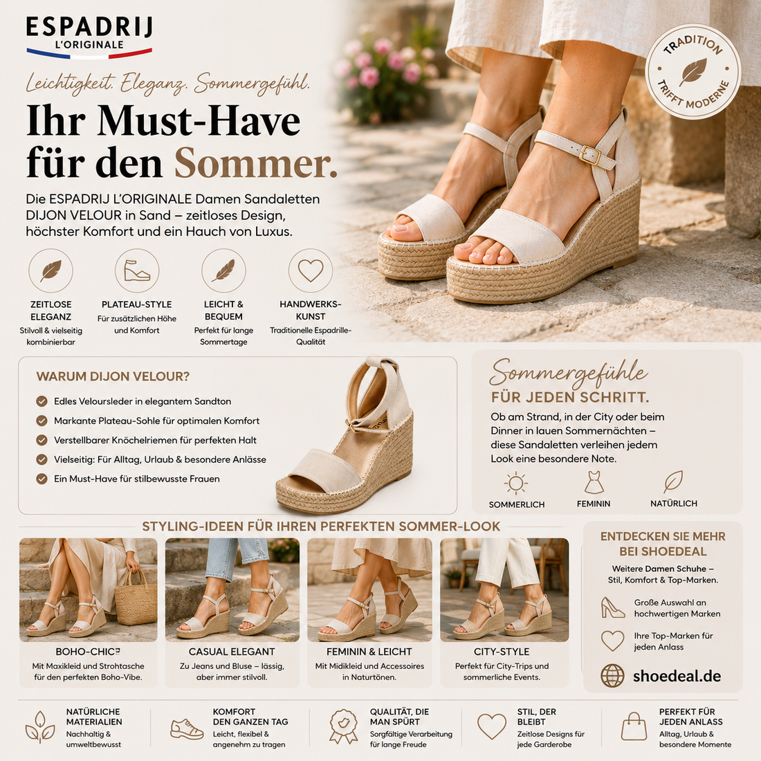 Espadrilles Revolution: Warum ESPADRIJ L'ORIGINALE Damen Sandaletten DIJON VELOUR sand Ihr Sommer Must-Have ist
