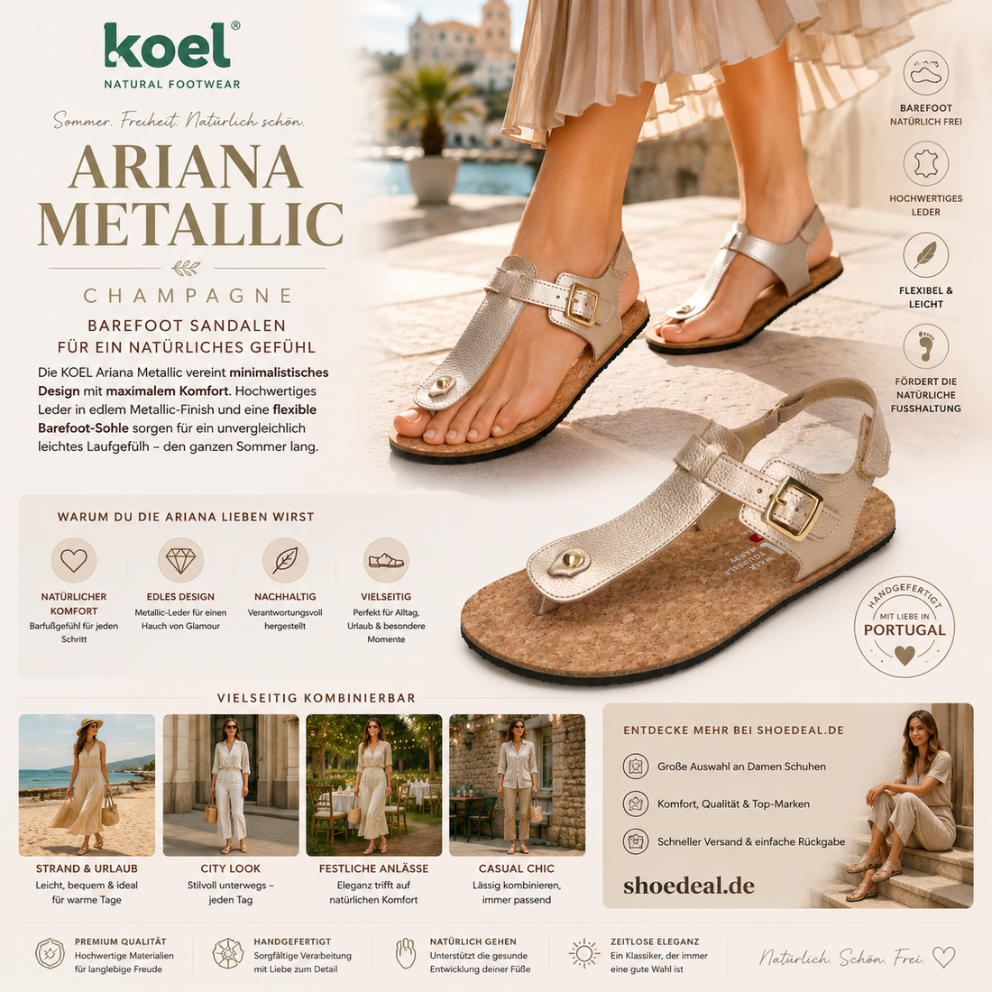 Frau trägt KOEL Barefoot Sandalen ARIANA METALLIC Champagne aus Leder auf einer sonnigen Promenade im Sommer.
