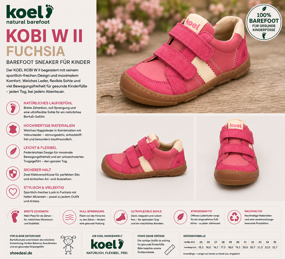 KOEL KOBI W II Fuchsia Kinder Barfuß-Sneaker mit Klettverschluss, breiter Zehenbox und flexibler Sohle – shoedealo.shop