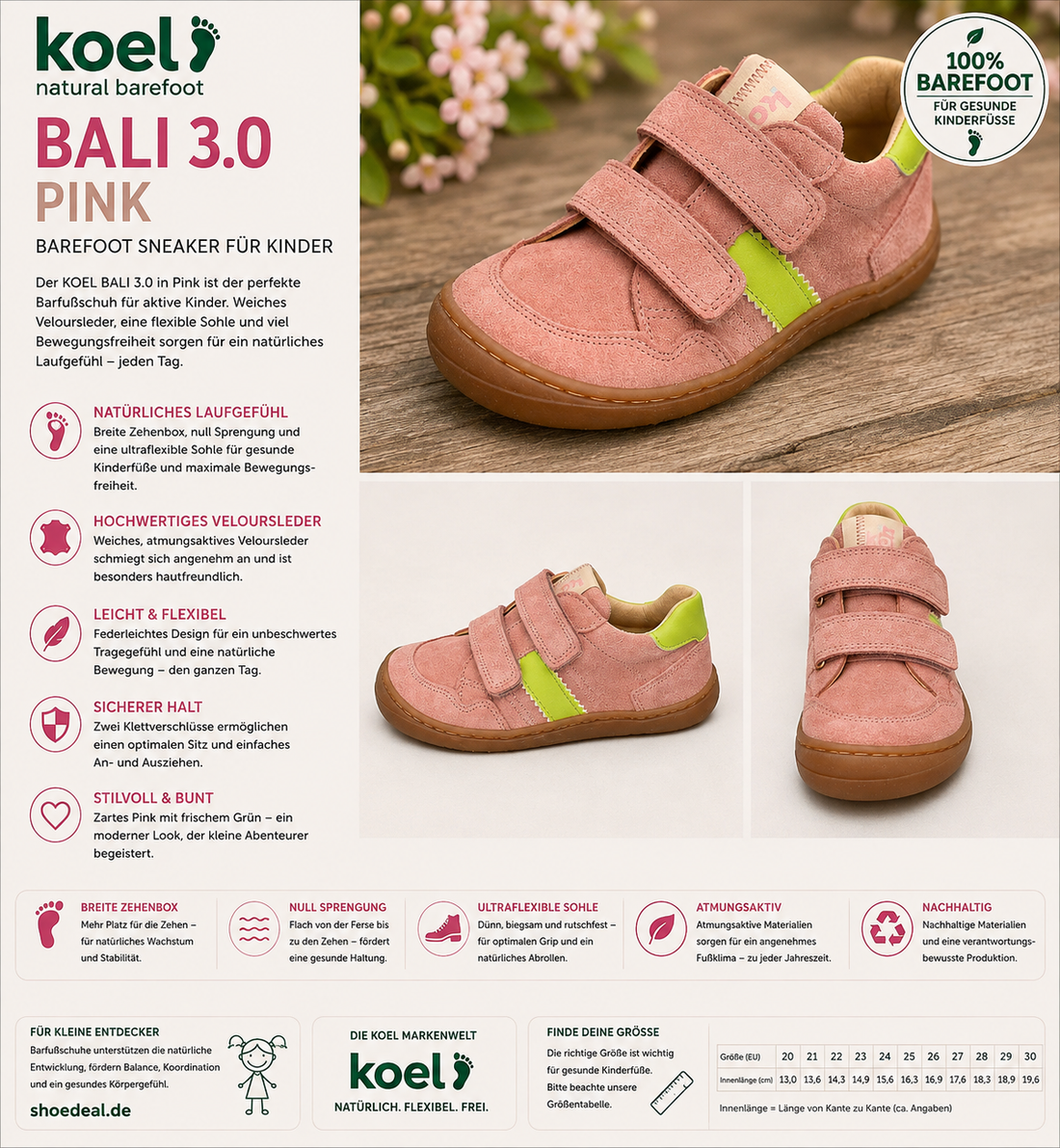 KOEL BALI 3.0 Kinder Barfuß-Sneaker in Pink mit grünen Akzenten, Klettverschluss und flexibler Sohle – shoedealo.shop