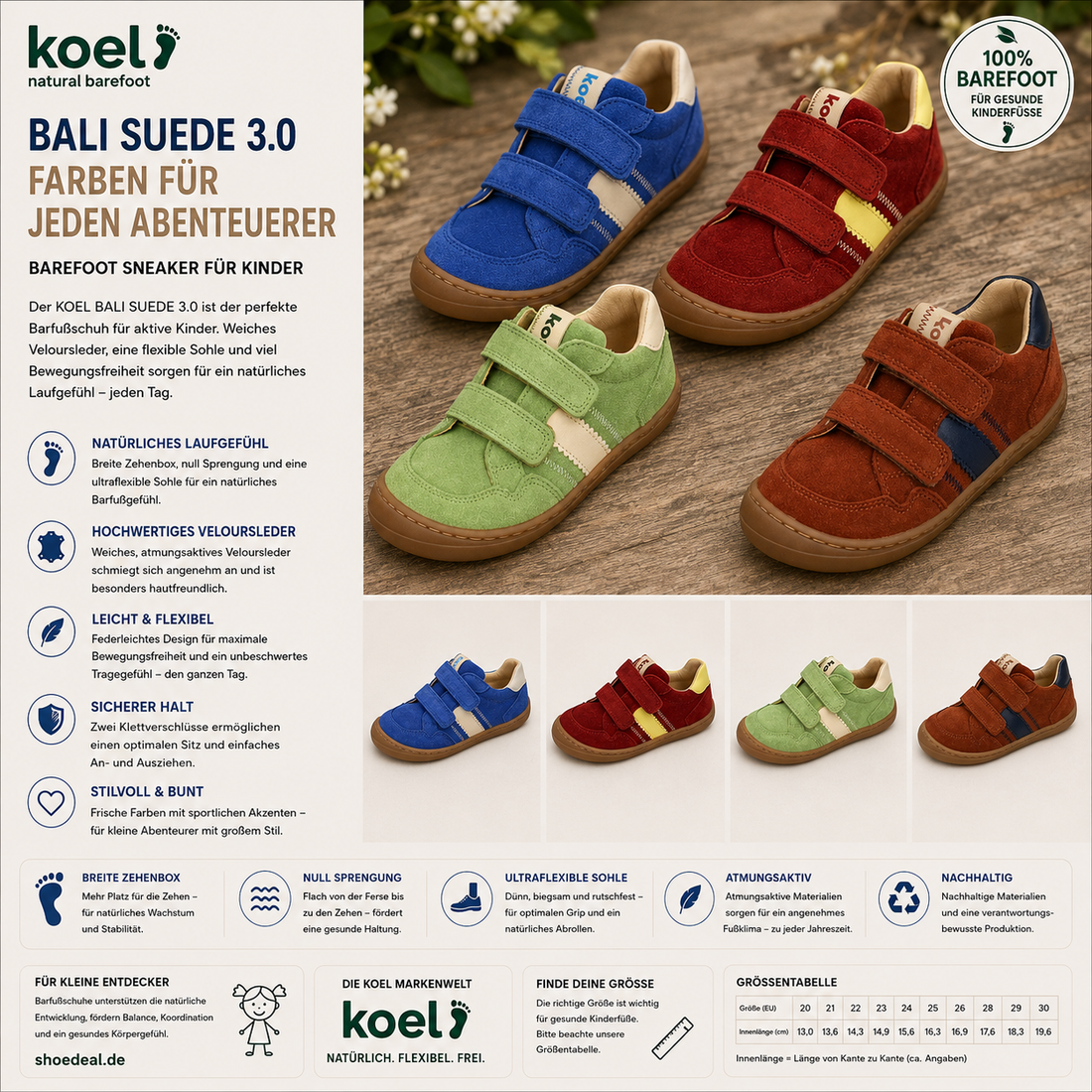 KOEL BALI SUEDE 3.0 Kinder Barfuß-Sneaker in Blau, Rot, Grün und Cognac mit Klettverschluss – shoedealo.shop