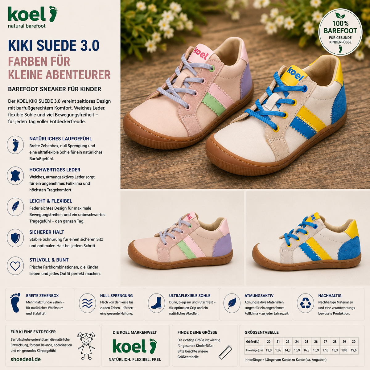 KOEL Kinder Barfuß-Sneaker in Rosa und Beige-Blau als sommerliches Lifestylebild – shoedealo.shop