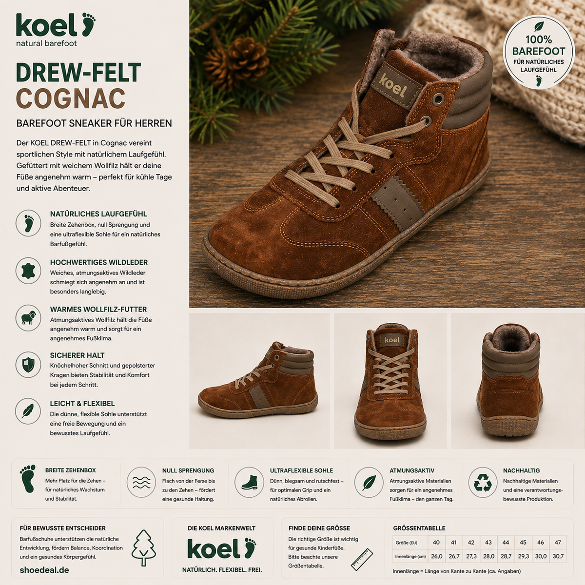 KOEL DREW-FELT Cognac Barfußschuhe mit warmem Futter im herbstlichen Lifestyle-Design – shoedealo.shop