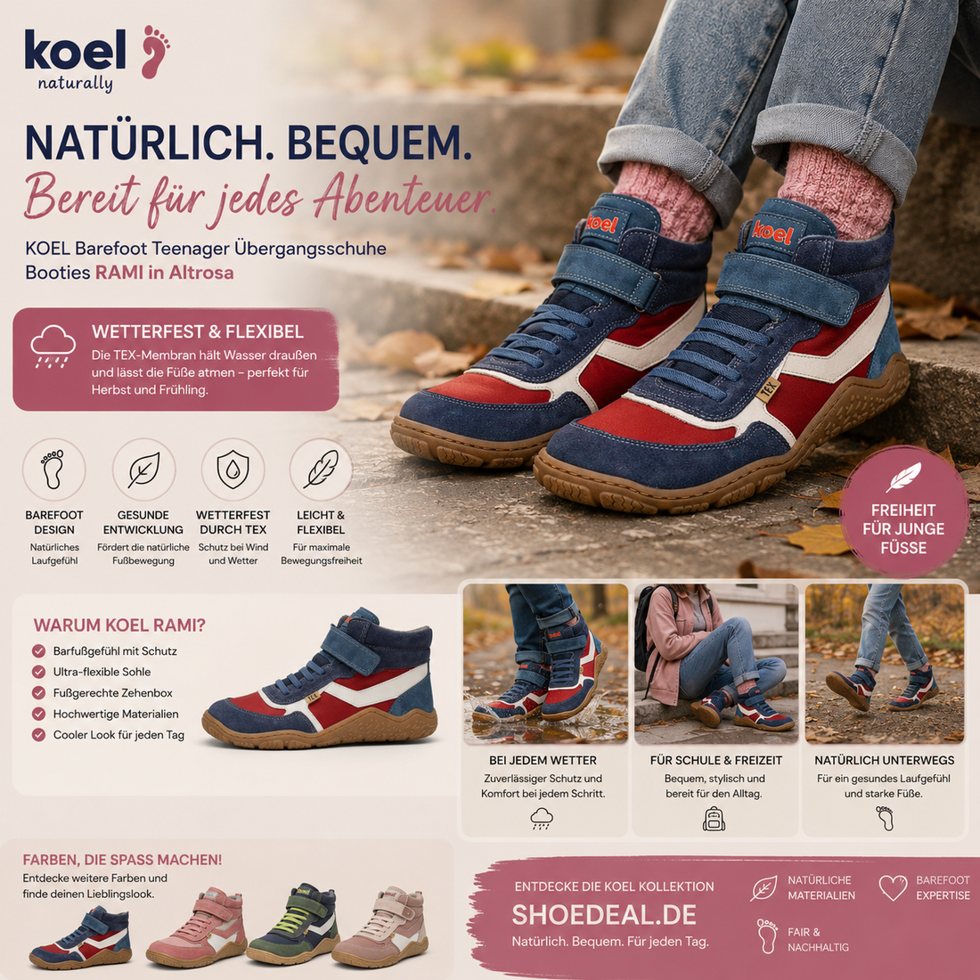 KOEL RAMI TEX Barfuß-Bootie für Kinder in Bordeaux-Blau mit wetterfester Membran und natürlichem Laufgefühl | shoedealo.shop
