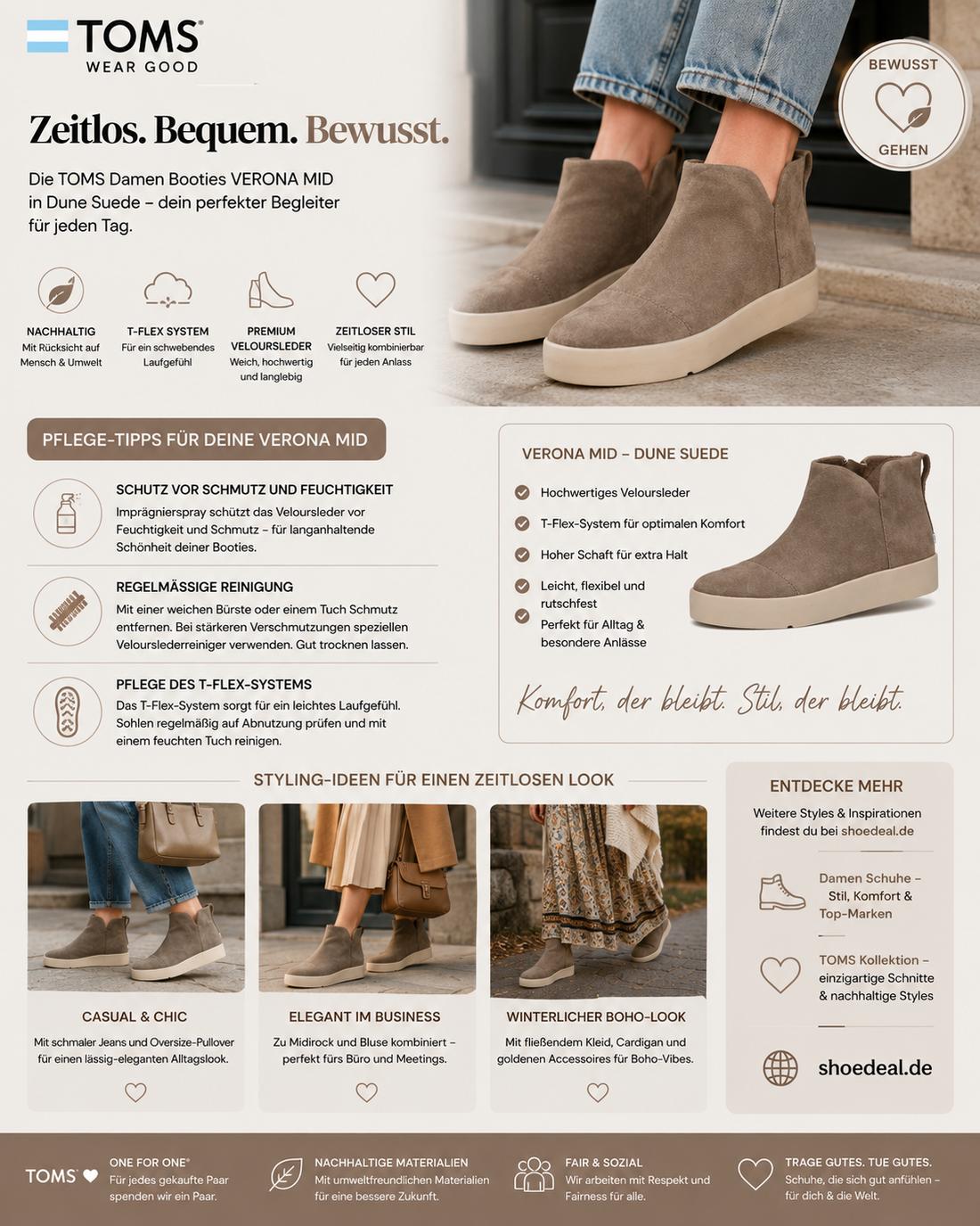 Tipps zur Pflege und Styling der TOMS Damen Booties VERONA MID in Dune Suede für einen zeitlosen Look