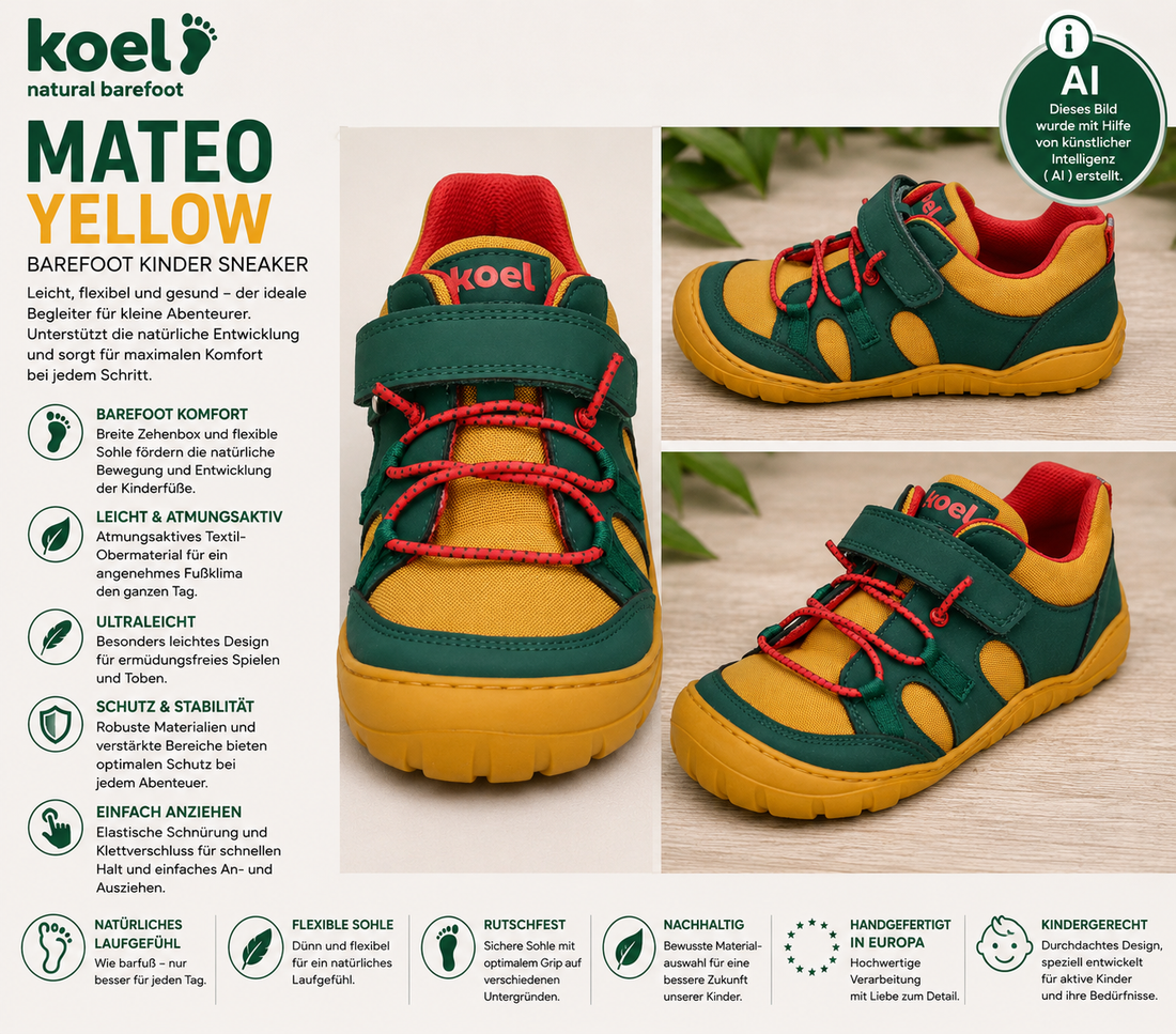 KOEL Barefoot Kinder Sneaker MATEO Yellow mit atmungsaktivem Textil, robuster Profilsohle