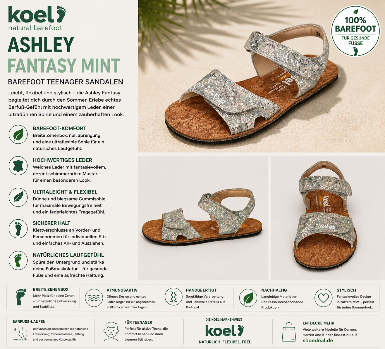 KOEL Ashley Fantasy Mint Barfuß-Sandale für Teenager mit flexibler Sohle und Klettverschluss – shoedealo.shop