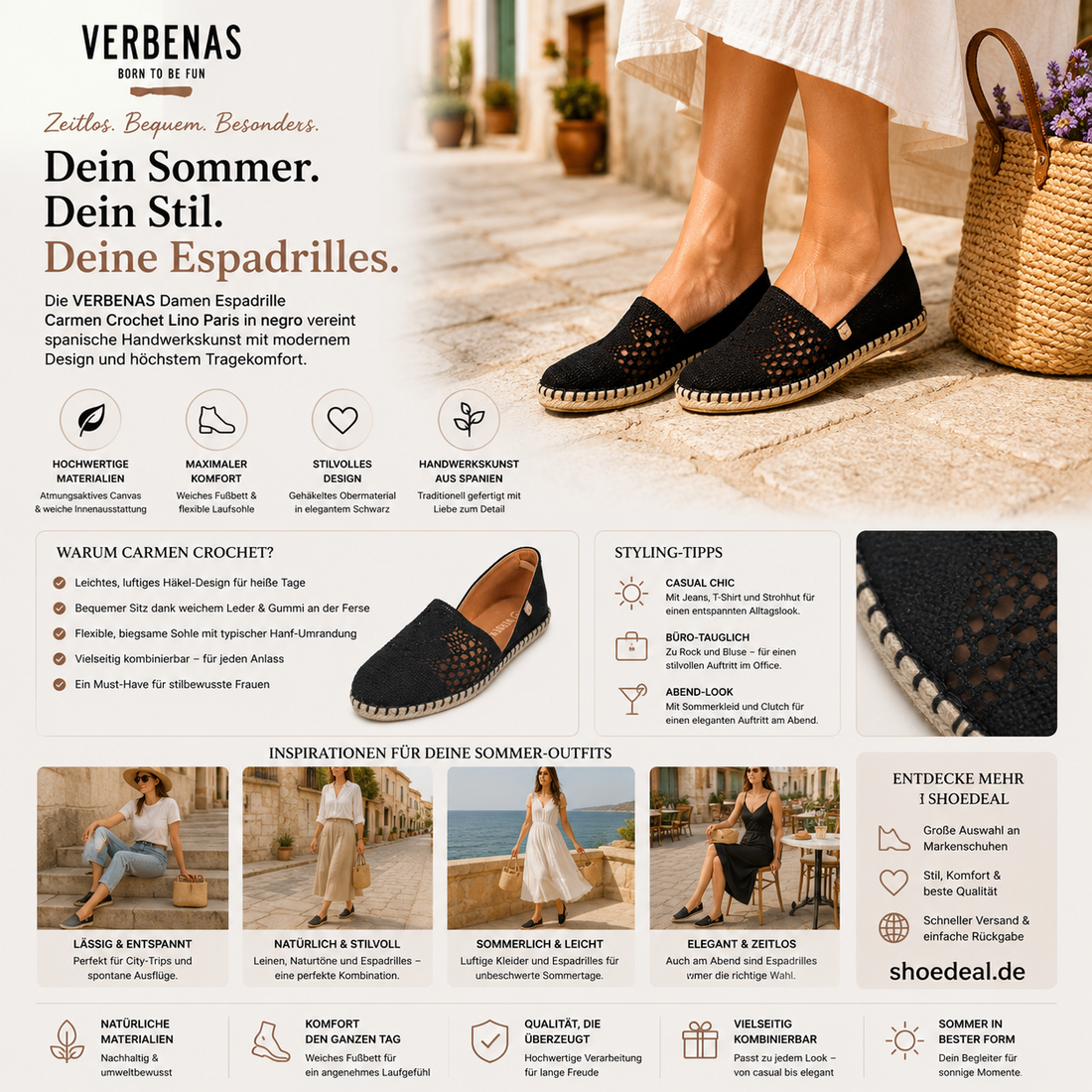 VERBENAS Carmen Crochet Espadrilles in Schwarz aus Häkelstoff, stilvoll kombiniert für sommerliche Outfits mit mediterranem Flair.