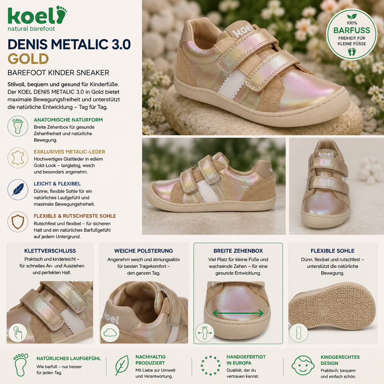 KOEL DENIS METALIC 3.0 Gold Barfuß-Kinder-Sneaker aus Leder mit breiter Zehenbox und Klettverschluss im Lifestyle-Design.