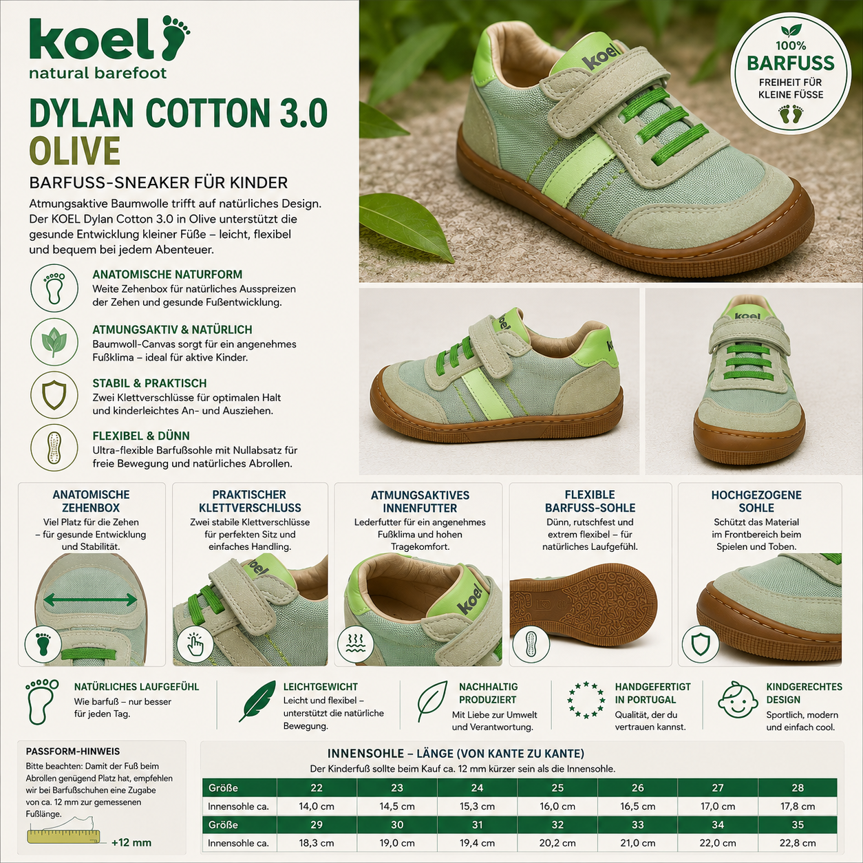 KOEL DYLAN COTTON 3.0 Olive Barfuß-Kinder-Sneaker aus Baumwolle und Veloursleder mit breiter Zehenbox, Klettverschluss und flexibler Sohle.