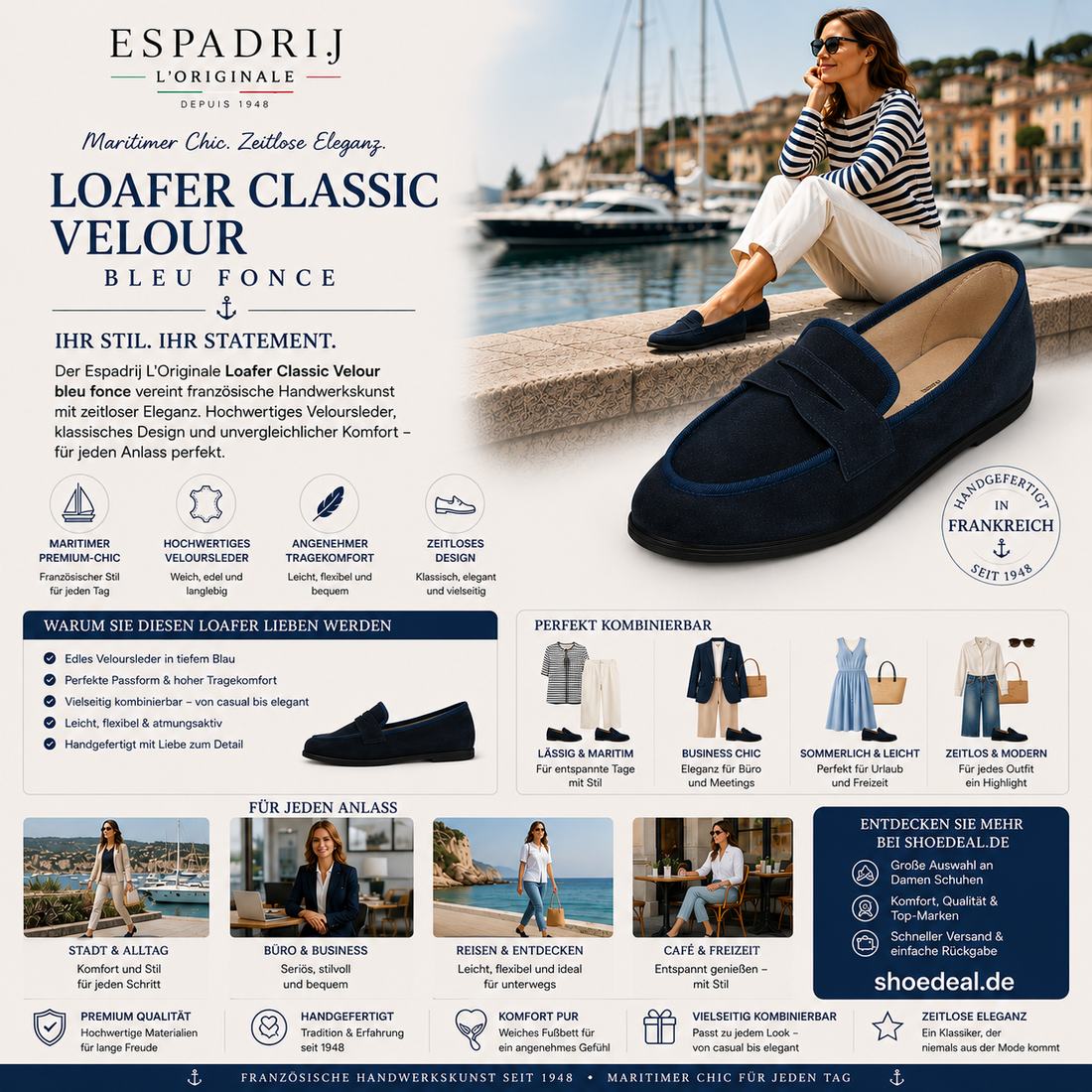 Dame trägt marineblaue Espadrij Loafer Classic Velour bleu fonce am Yachthafen – stilvoll kombiniert mit maritimem Outfit.
