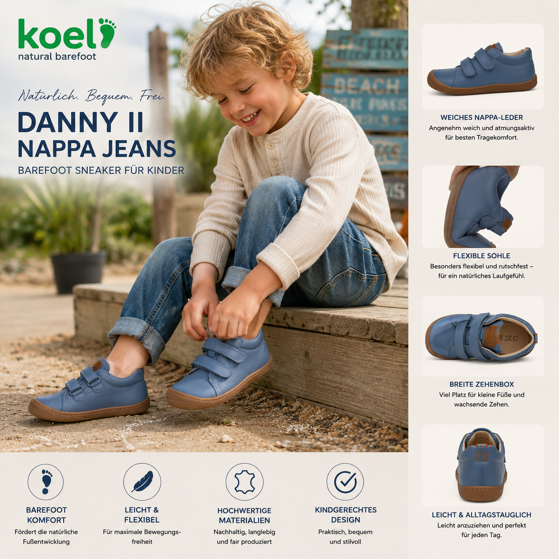 KOEL Barefoot Kinder Sneaker DANNY II NAPPA jeans aus Nappaleder mit Klettverschluss und flexibler Barfußsohle