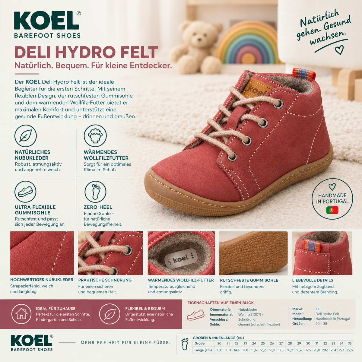KOEL DELI HYDRO FELT Kinder-Barfußschuh in Rosa aus Nubukleder mit Wollfilzfutter, Schnürung, flexibler Gummisohle und flacher Zero-Heel-Konstruktion.