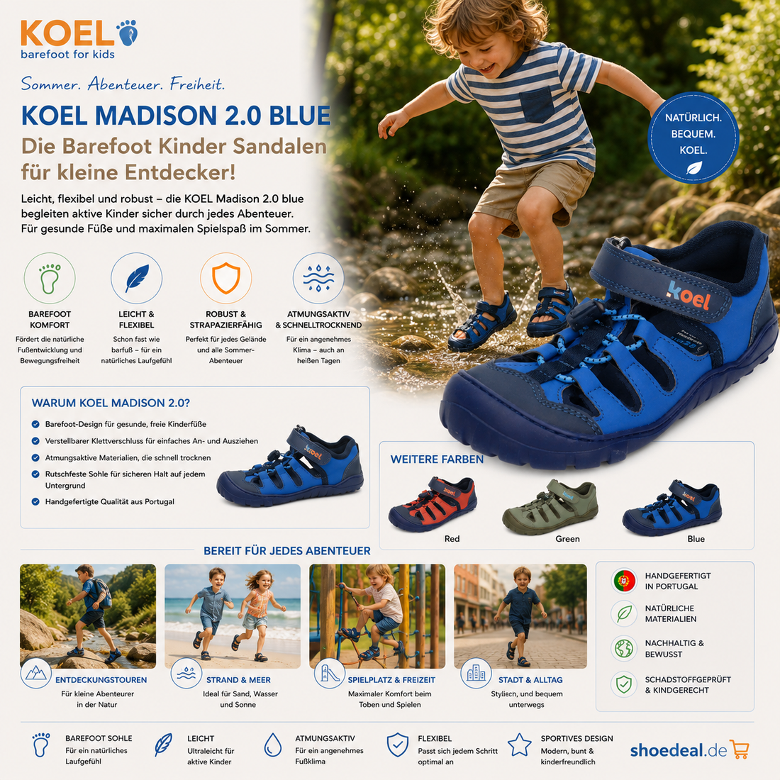 Kind spielt im Sommer mit blauen KOEL Madison 2.0 Barfußsandalen am Bach, ergänzt durch Produktansicht und Farbvarianten. (Bild: KI generiert)
