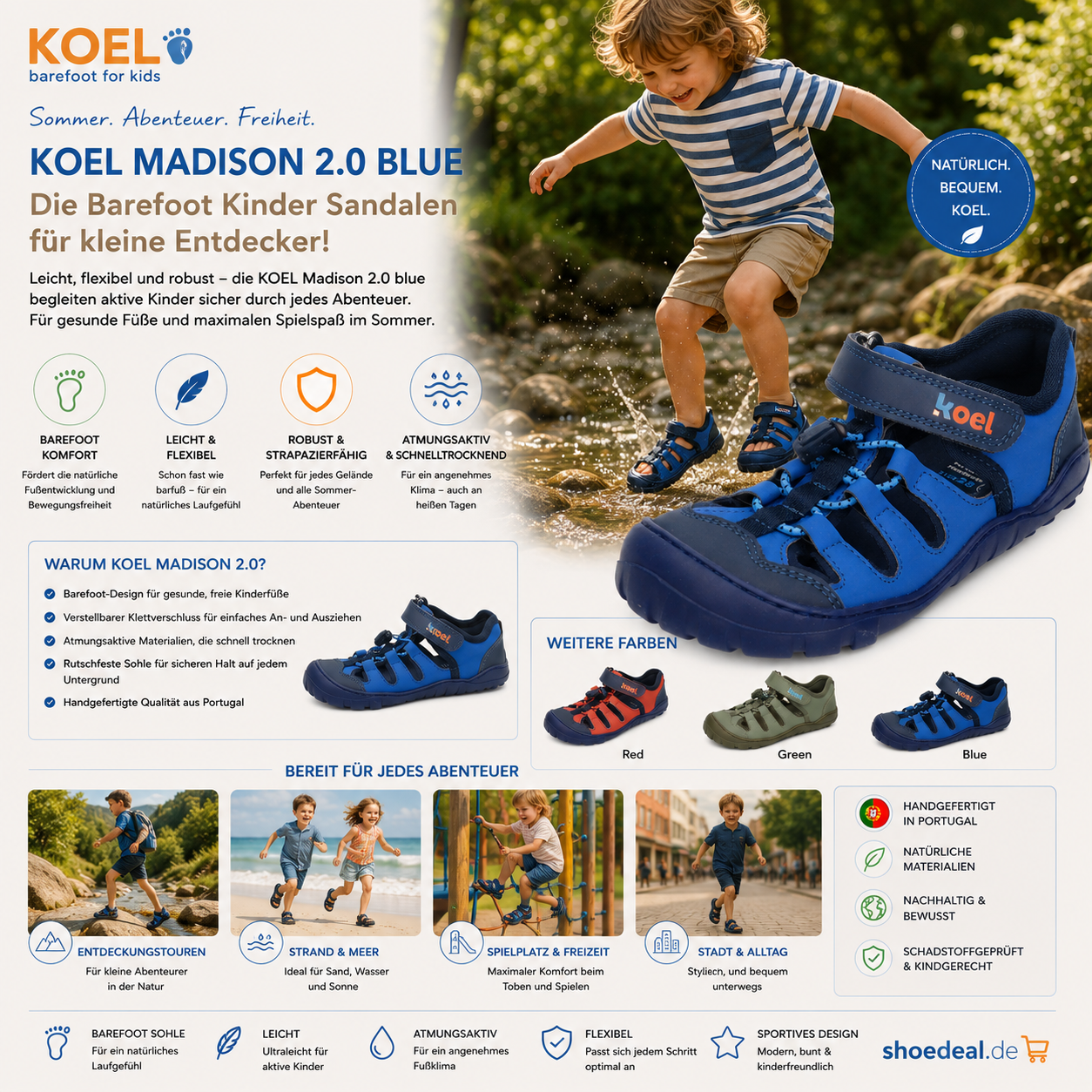 Kind spielt im Sommer mit blauen KOEL Madison 2.0 Barfußsandalen am Bach, ergänzt durch Produktansicht und Farbvarianten. (Bild: KI generiert)