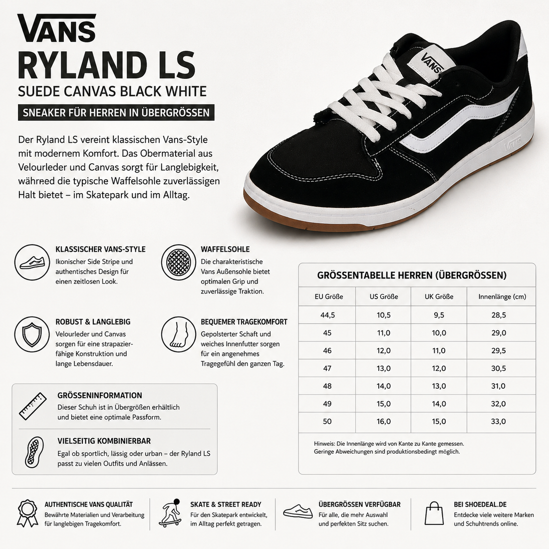 Vans Ryland LS Herren Sneaker in Übergrößen aus Veloursleder und Canvas in Schwarz-Weiß – shoedealo.shop