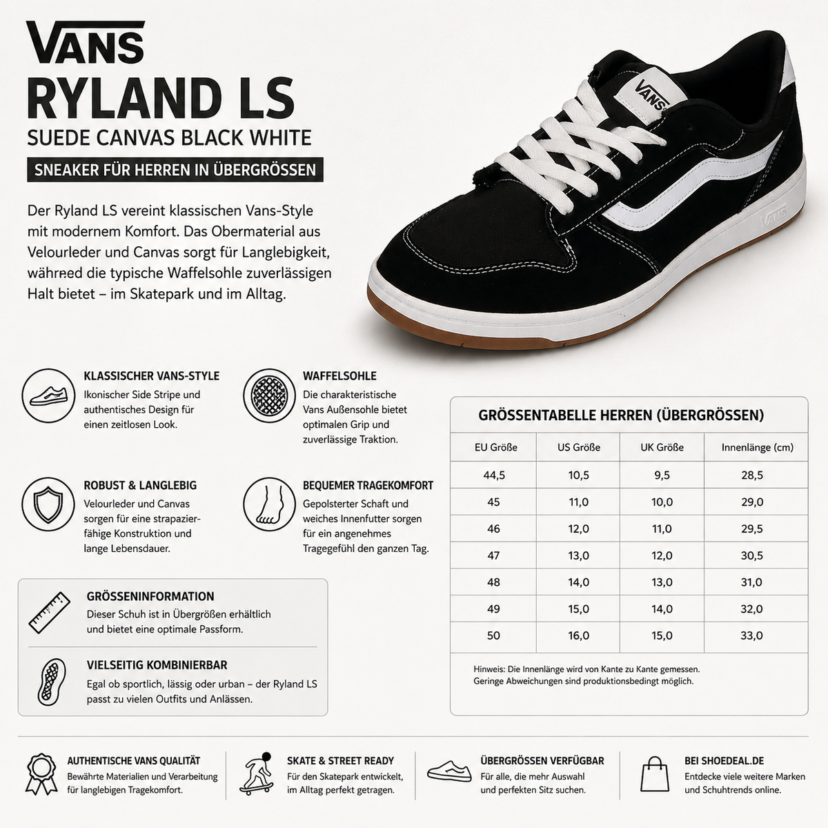 Vans Ryland LS Herren Sneaker in Übergrößen aus Veloursleder und Canvas in Schwarz-Weiß – shoedealo.shop