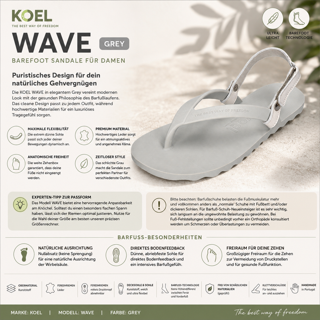 KOEL WAVE Damen Barefoot Zehentrenner-Sandale in Grey mit flexibler Sohle und Fersenriemen | shoedealo.shop