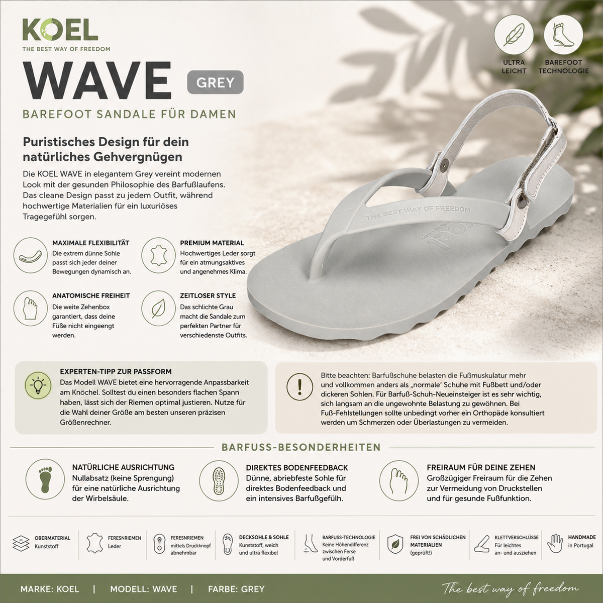KOEL WAVE Damen Barefoot Zehentrenner-Sandale in Grey mit flexibler Sohle und Fersenriemen | shoedealo.shop
