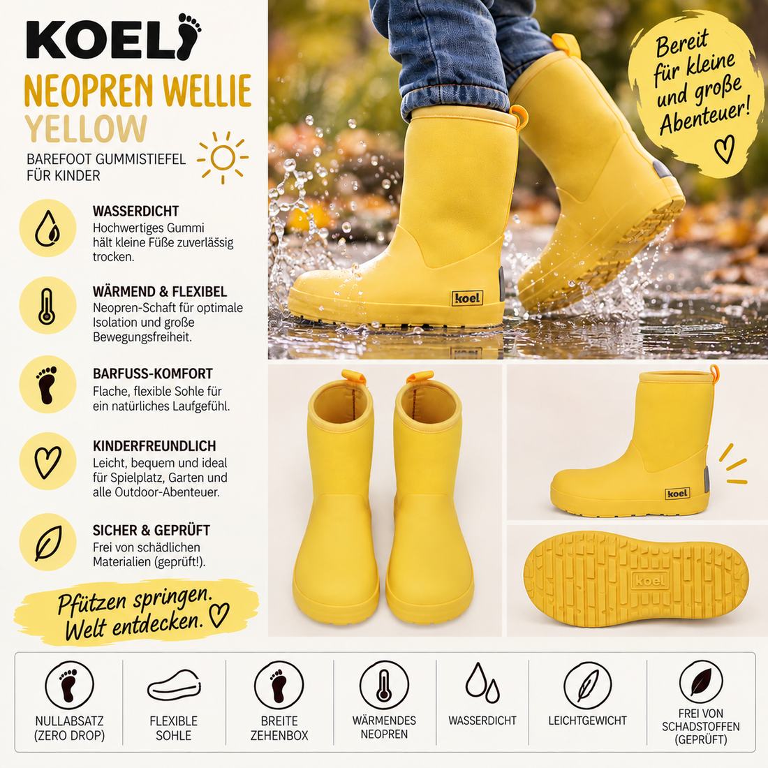 Warum KOEL Kinder Barefoot Gummistiefel NEOPREN WELLIE Gelb der perfekte Begleiter für nasse Abenteuer sind