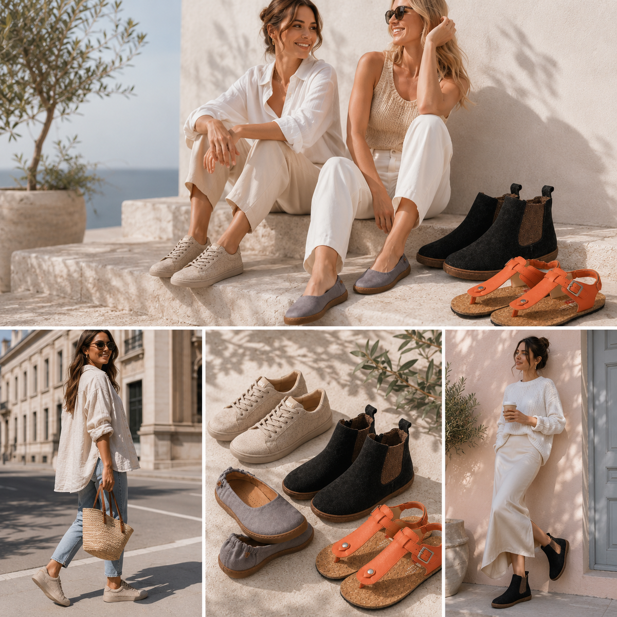 Modische Damen präsentieren Barfuß-Sneaker, Ballerinas, Boots und Sandalen in einer stilvollen Lifestyle-Kulisse mit mediterranem Ambiente.