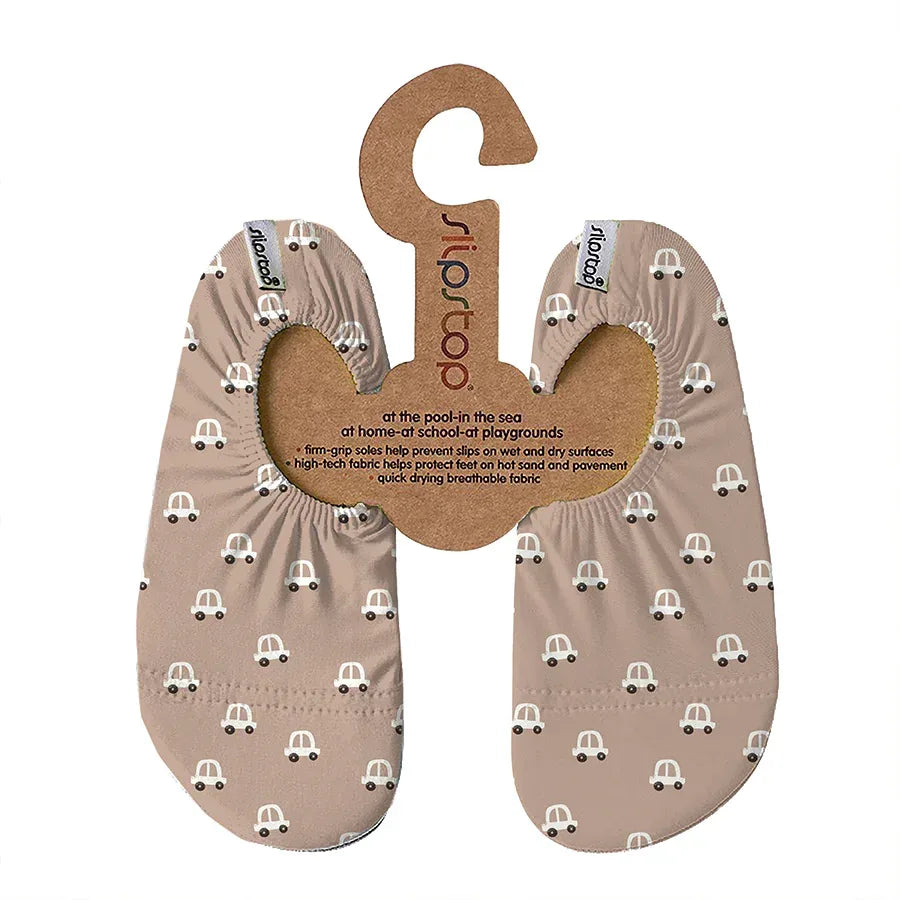 SLIPSTOP Kinder Hausschuhe Badeschuhe Aiko Autos hellbraun