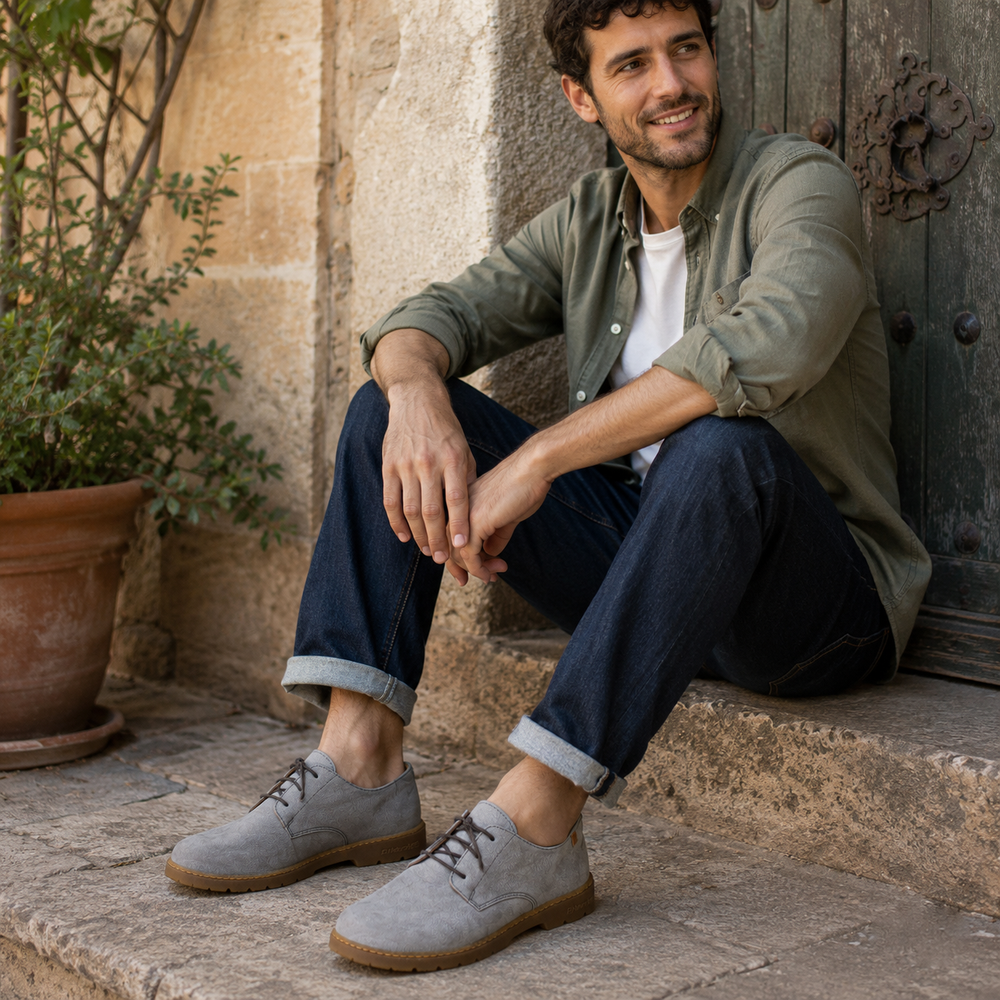 El Naturalista Herren Halbschuhe in Grau im natürlichen Lifestyle-Ambiente – shoedealo.shop