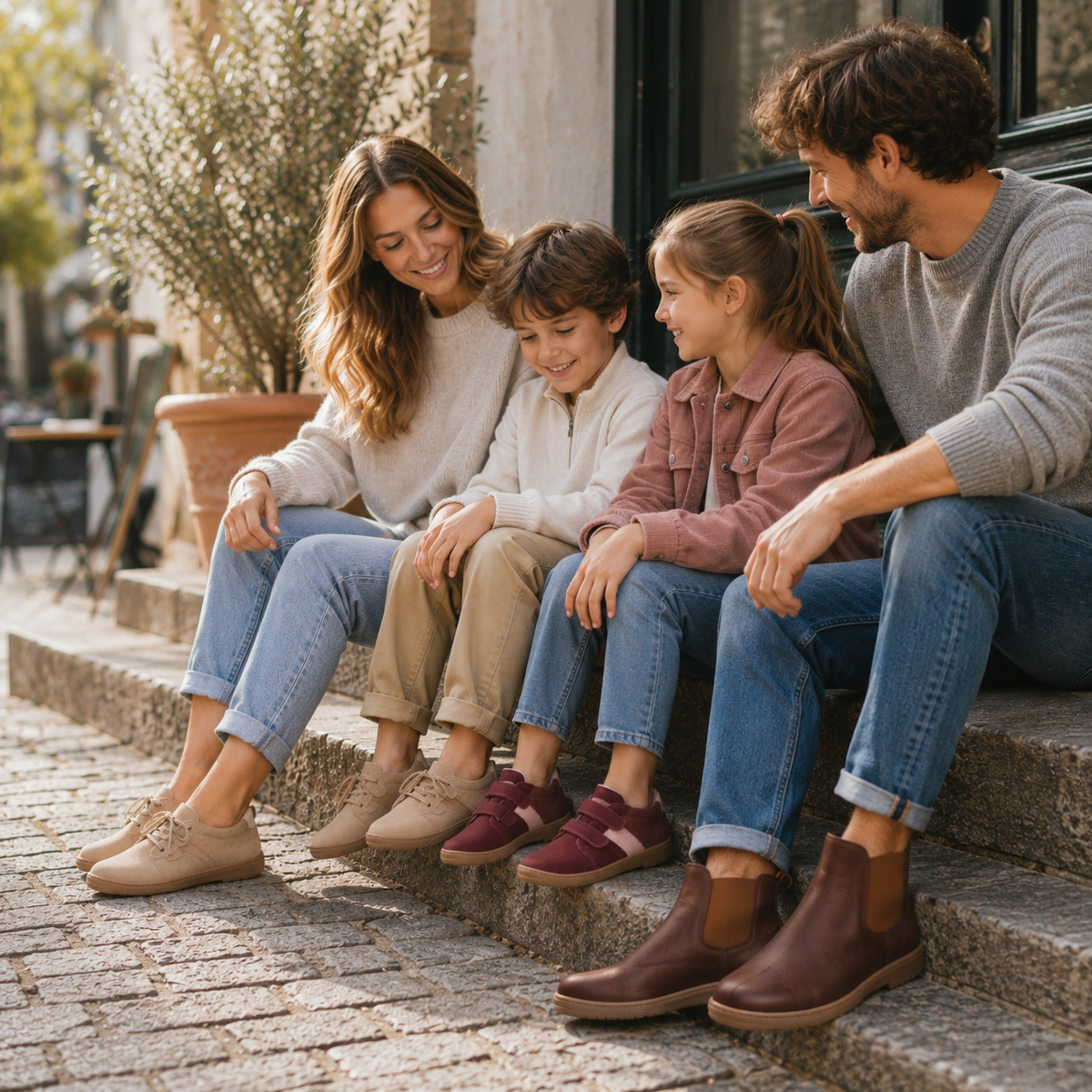 Familie trägt Barfußschuhe für Damen, Herren und Kinder bei einem entspannten Nachmittag.