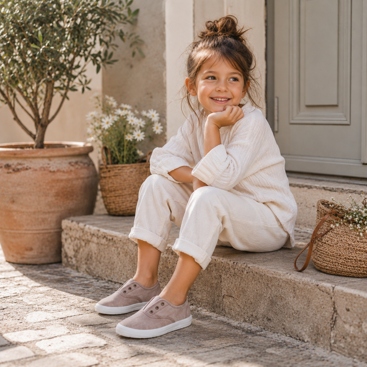 Kind trägt beigefarbene Barfuß-Sneaker beim entspannten Sitzen auf sonnigen Natursteinstufen.