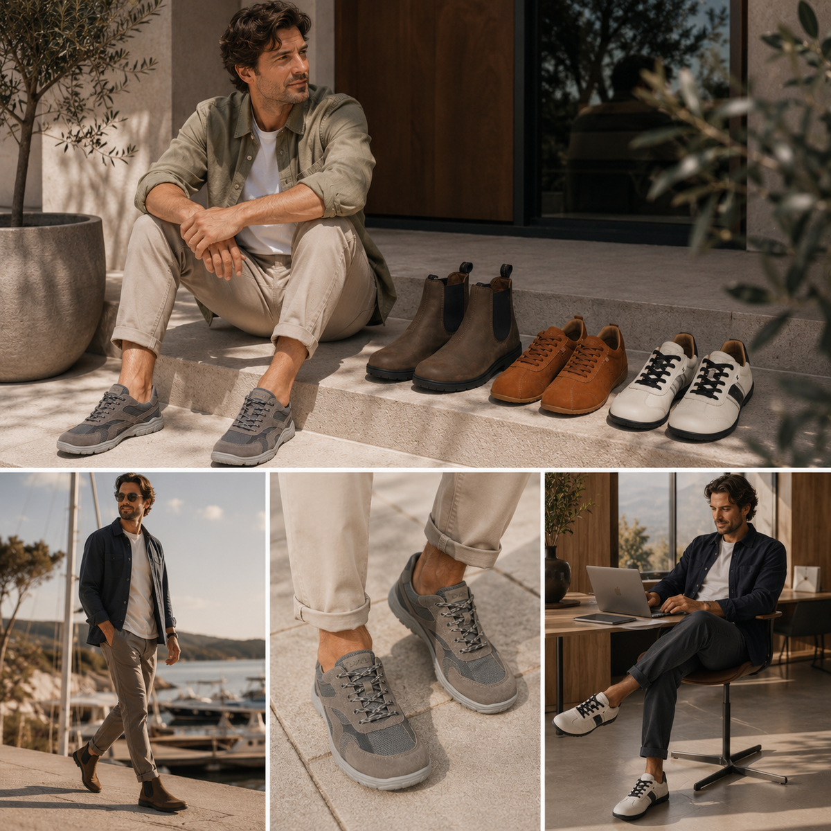 Herren tragen Barfußschuhe aus Leder und Textil – Sneaker, Halbschuhe und Chelsea Boots – in modernen Lifestyle- und Business-Szenen.