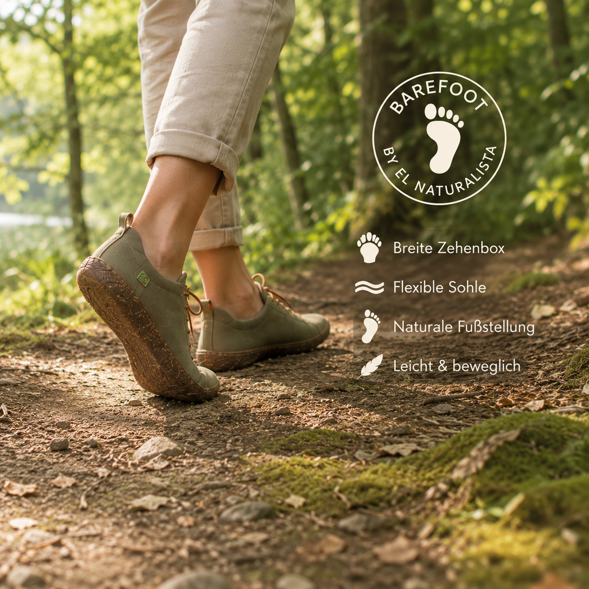 El Naturalista Barefoot Schuhe beim Gehen auf einem natürlichen Waldweg – shoedealo.shop