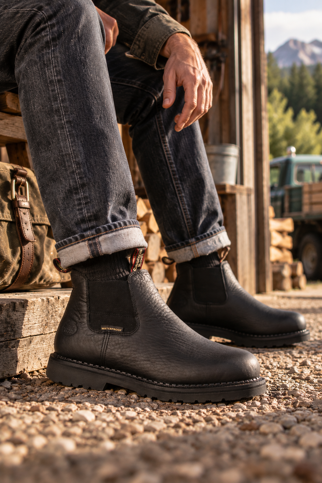 Georgia Boot schwarze Herren Schlupfboots in rustikaler Outdoor-Szene