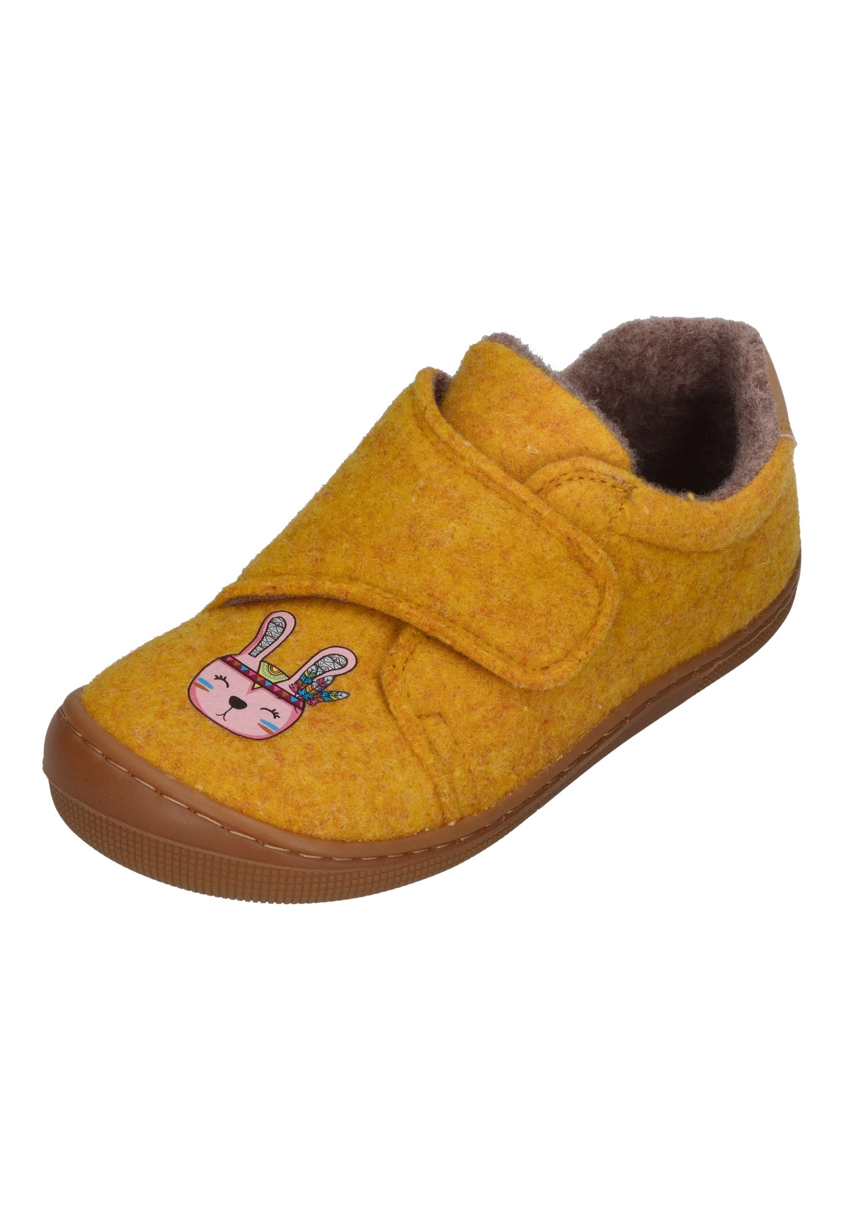 KOEL Barefoot Kinder Hausschuhe mit Klettverschluß DAN FELT PRINT yellow