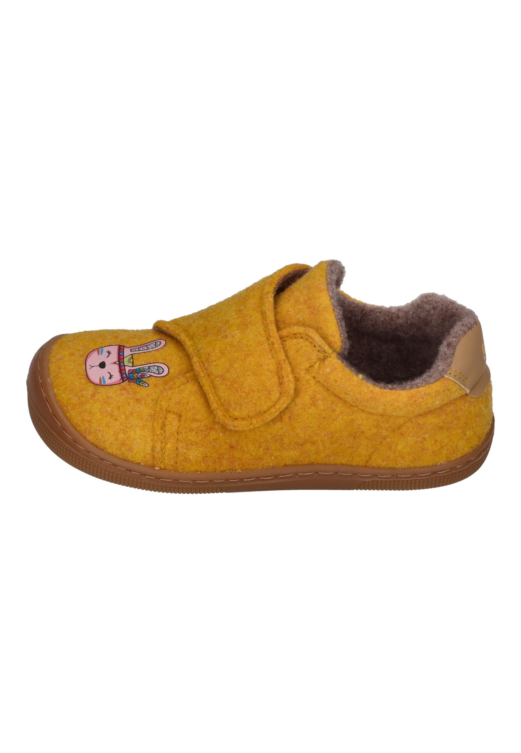 KOEL Barefoot Kinder Hausschuhe mit Klettverschluß DAN FELT PRINT yellow