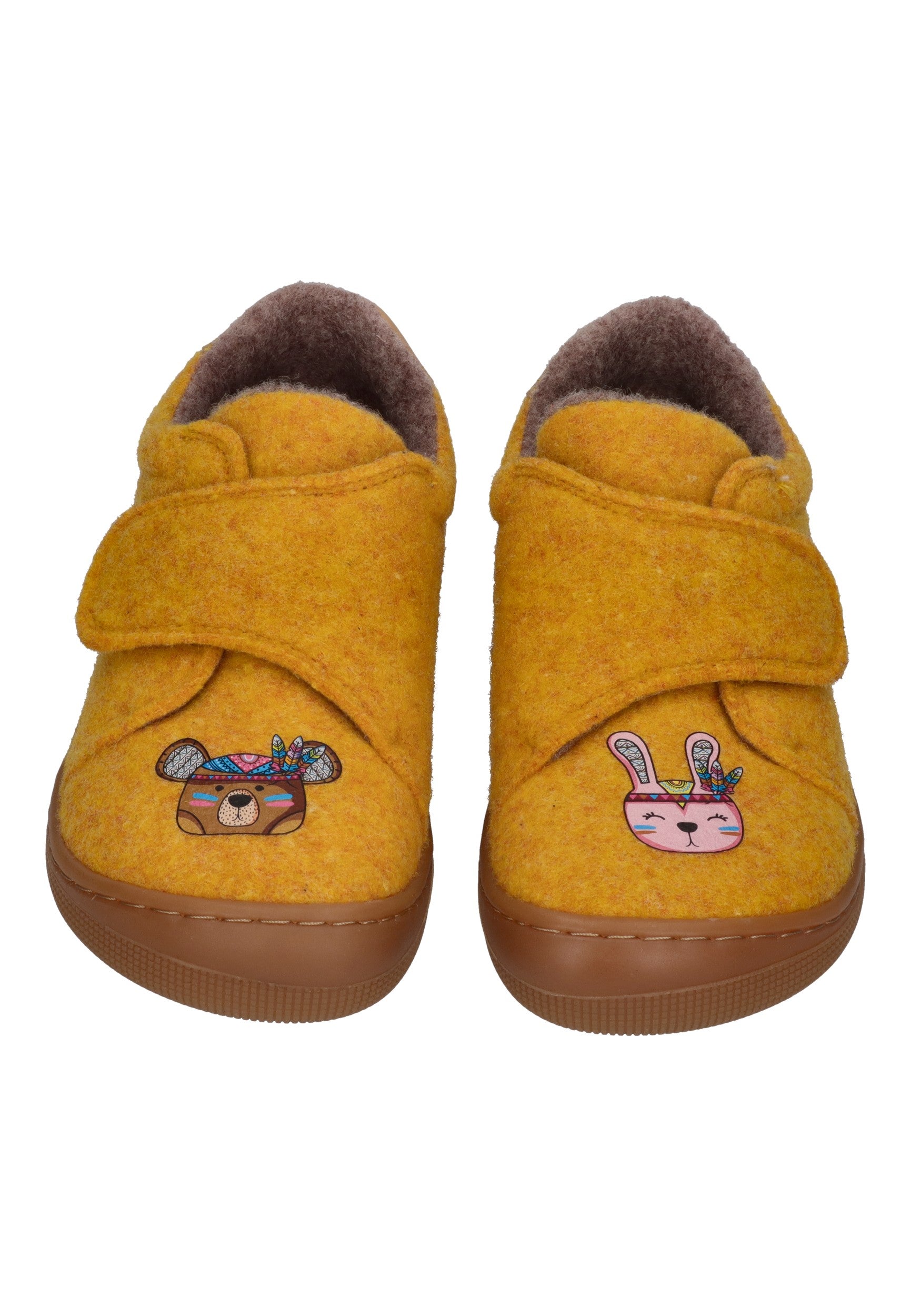 KOEL Barefoot Kinder Hausschuhe mit Klettverschluß DAN FELT PRINT yellow