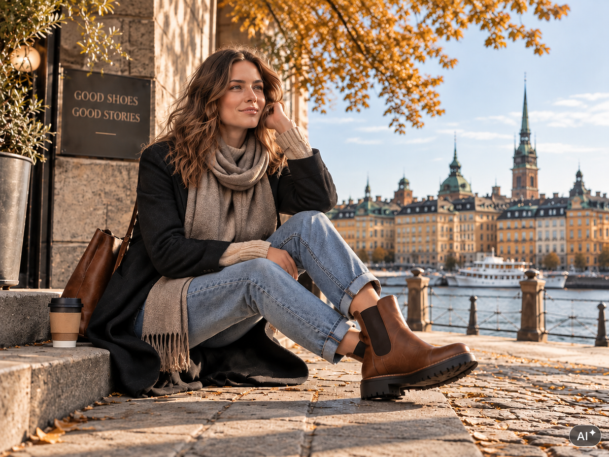 Frau mit braunen Ten Points Pandora Lederboots an einer schwedischen Uferpromenade