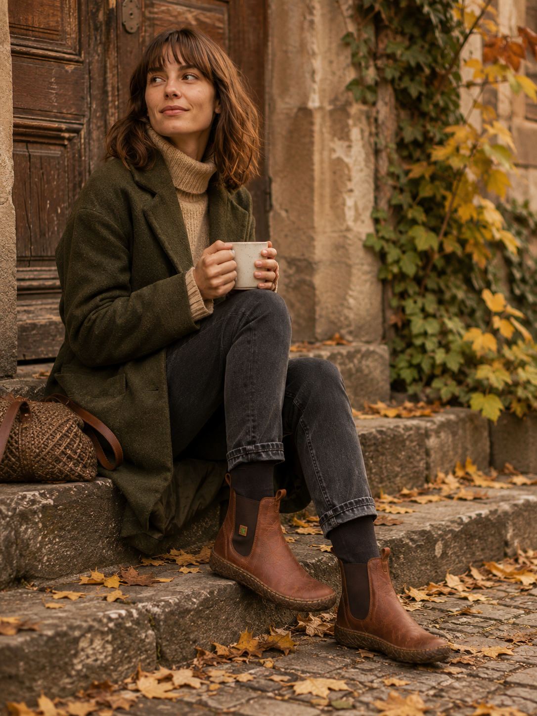 Frau mit El Naturalista Chelsea Boots in herbstlicher Umgebung – shoedealo.shop