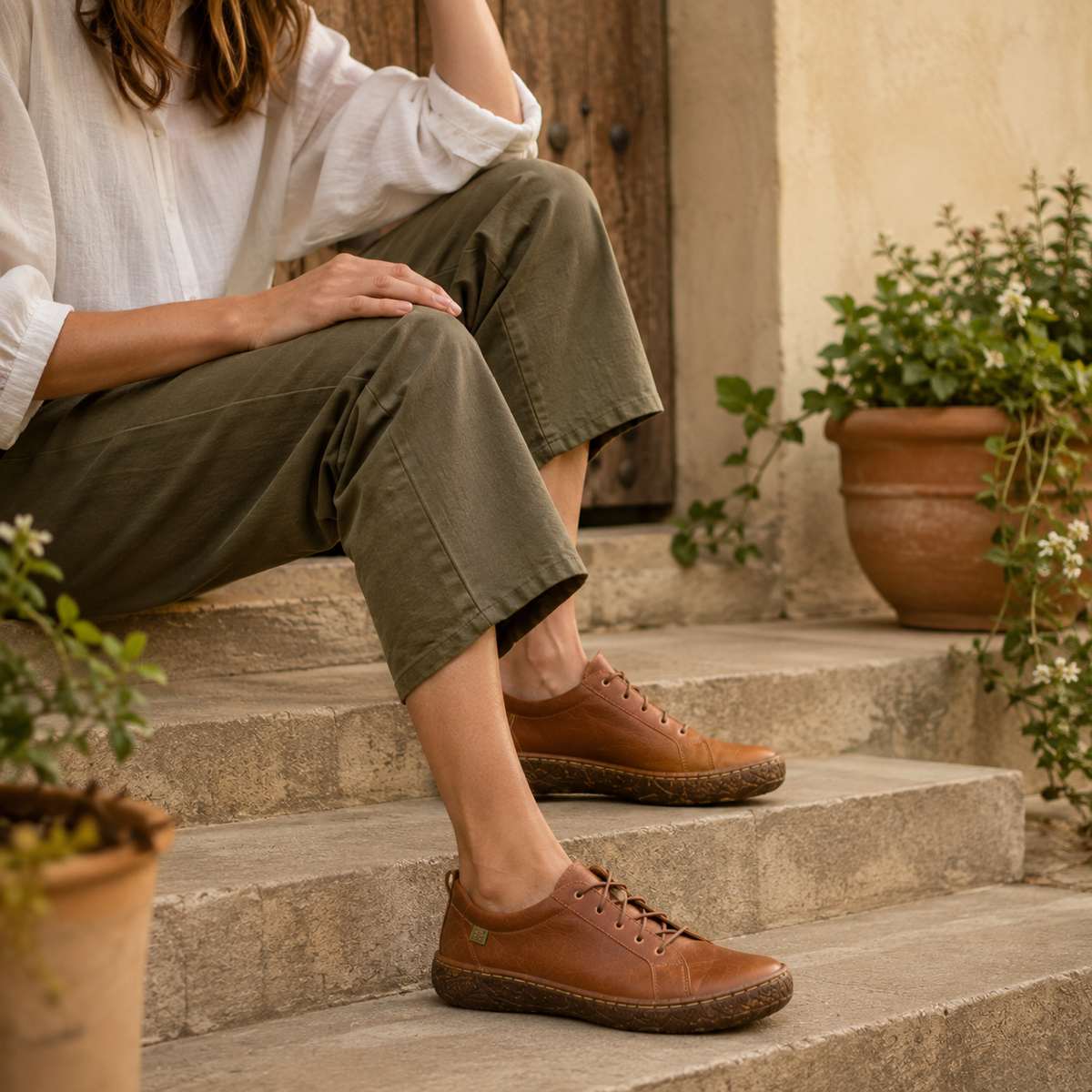 Frau mit klassischen braunen El Naturalista Lederschuhen auf Natursteinstufen – shoedealo.shop