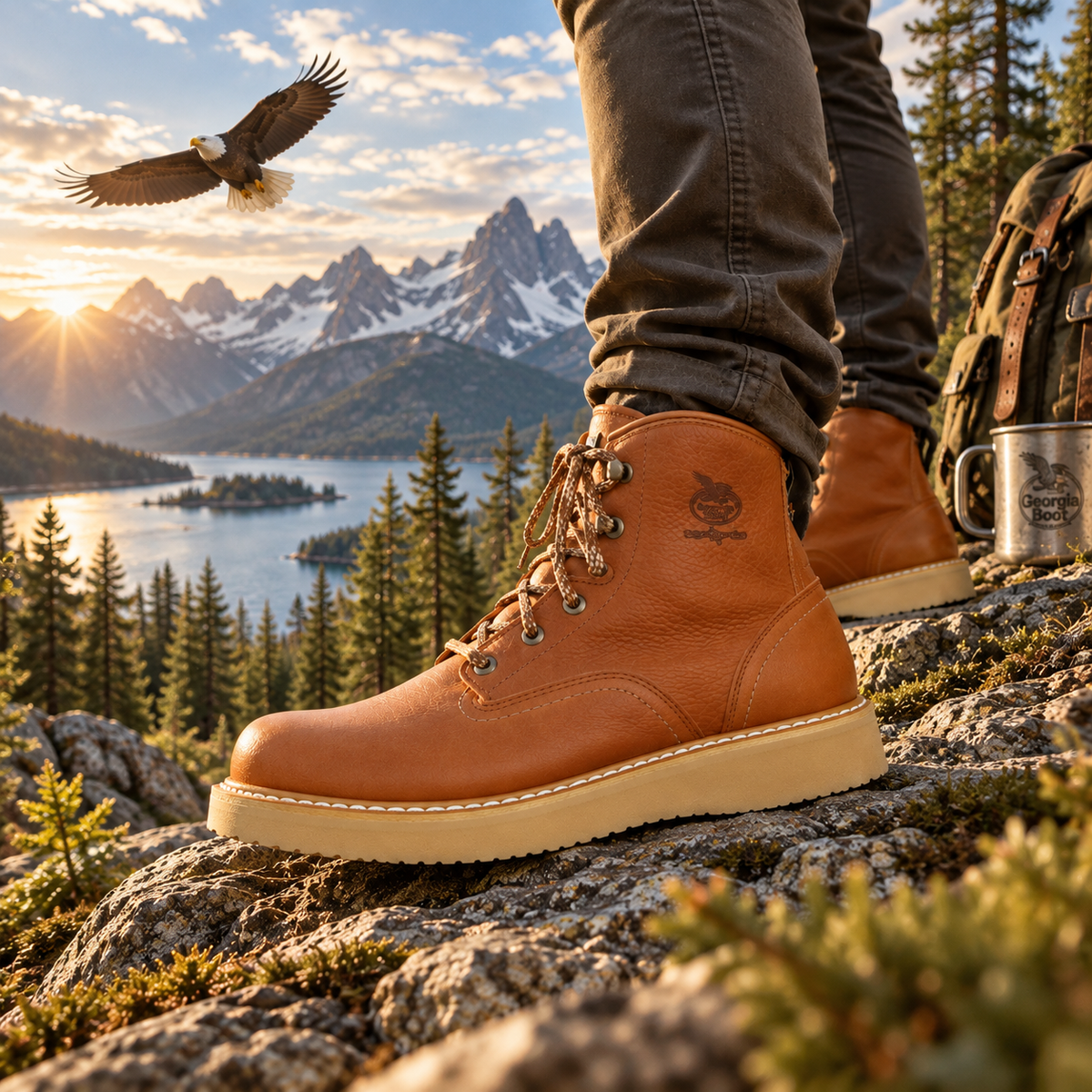Georgia Boot Herren Boots vor Berglandschaft mit See und Adler