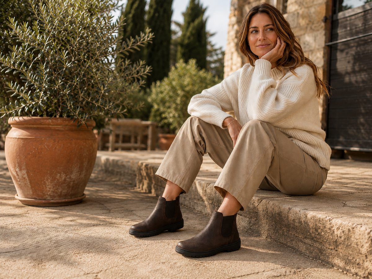 Frau mit braunen KOEL Barefoot Chelsea Boots in natürlichem Lifestyle-Ambiente – shoedealo.shop