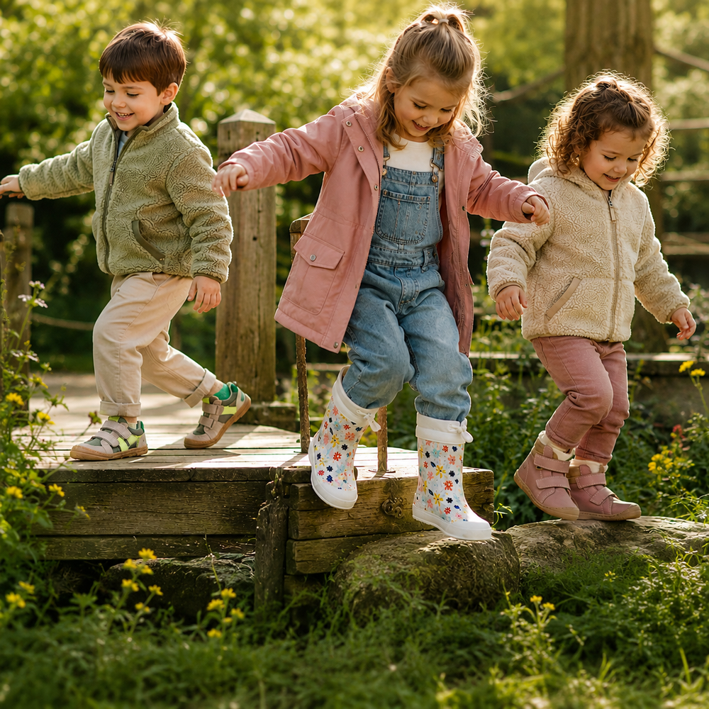 Kinder beim Spielen in der Natur mit KOEL Barfußschuhen und Gummistiefeln – shoedealo.shop