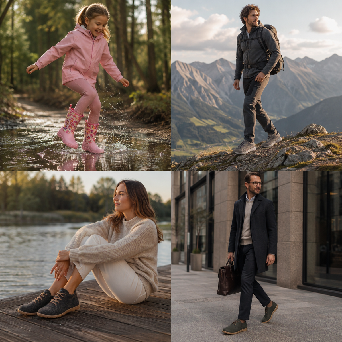 Lifestyle Collage mit KOEL Schuhen: Mädchen mit Gummistiefel beim Planschen. Mann mit Sneaker Ralp in den Bergen. Frau mit Merino Sneaker am See. Mann mit Halbschuh Tim im Business Look.
