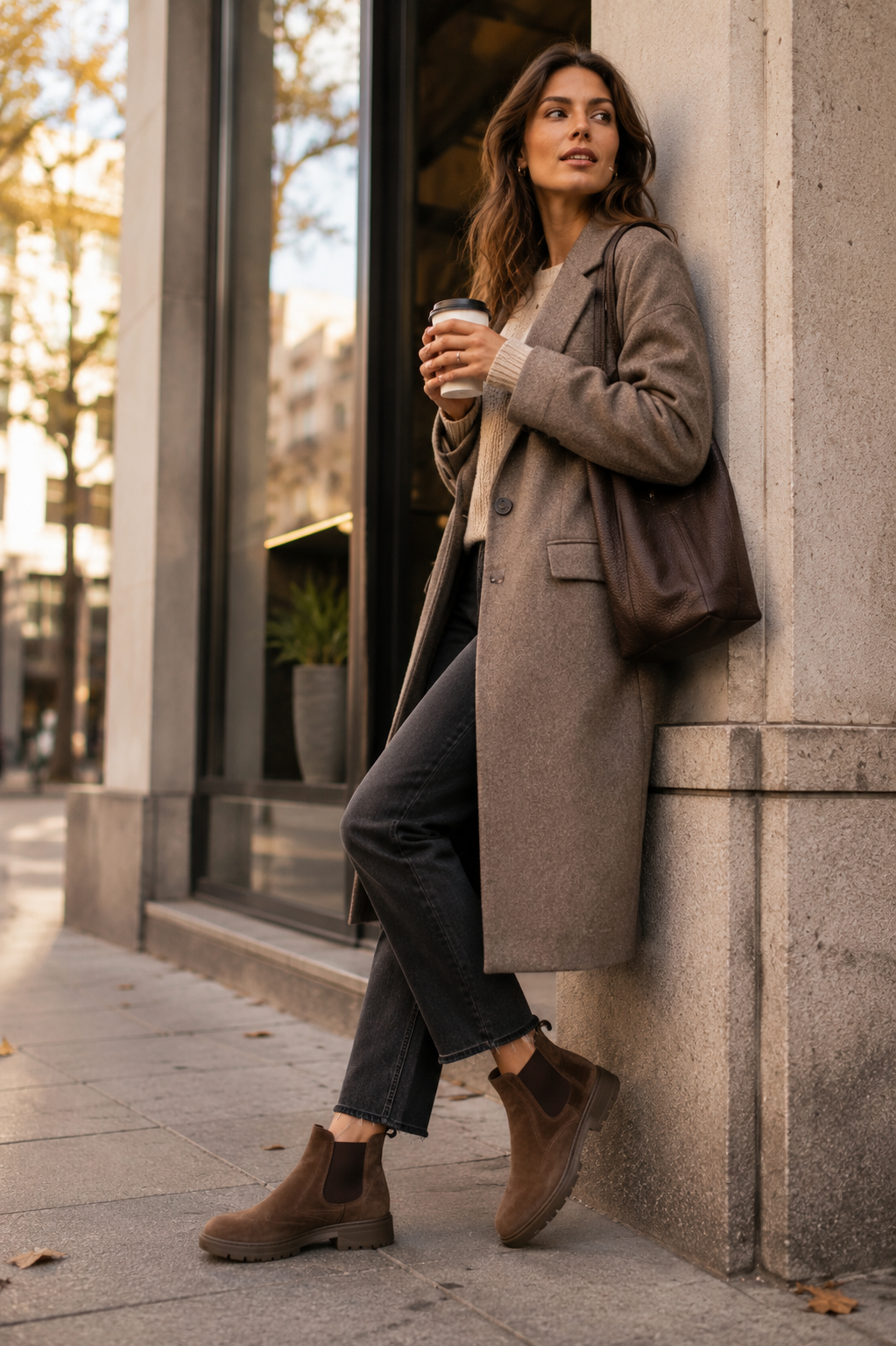 Frau mit braunen Booties im modernen urbanen Herbst-Look – shoedealo.shop