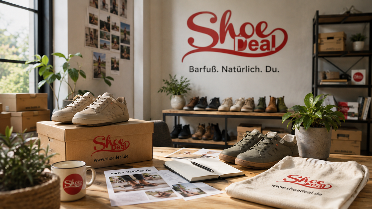 SHOEDEAL Markenwelt mit Schuhen und originalem Logo in authentischer Arbeitsumgebung – shoedealo.shop